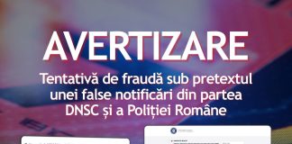 Tentativă de fraudă sub pretextul unei false notificări despre o amendă online din partea DNSC și a Poliției Române!