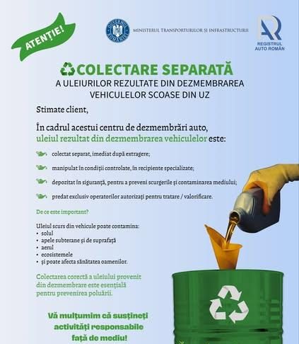 Registrul Auto Român se implică în campania de colectare separată a uleiurilor uzate