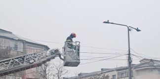 VIDEO Pompierii focșăneni au salvat un porumbel prins într-un stâlp de iluminat public