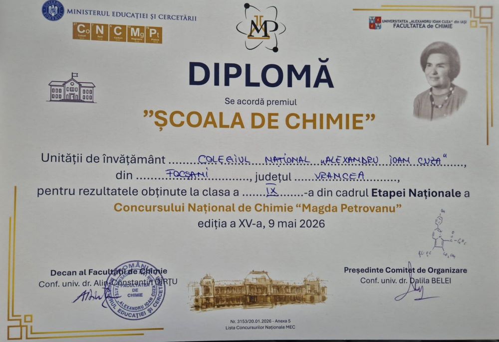 Multe premii pentru elevii cuziști la concursuri naționale de chimie 4 diploma chimie cuza