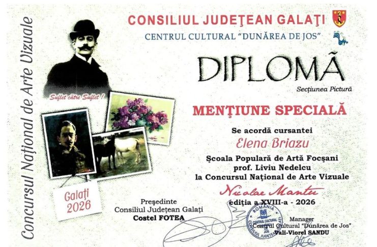 Mențiune specială pentru o elevă a Școlii Populare de Artă Focșani, la un concurs național de pictură
