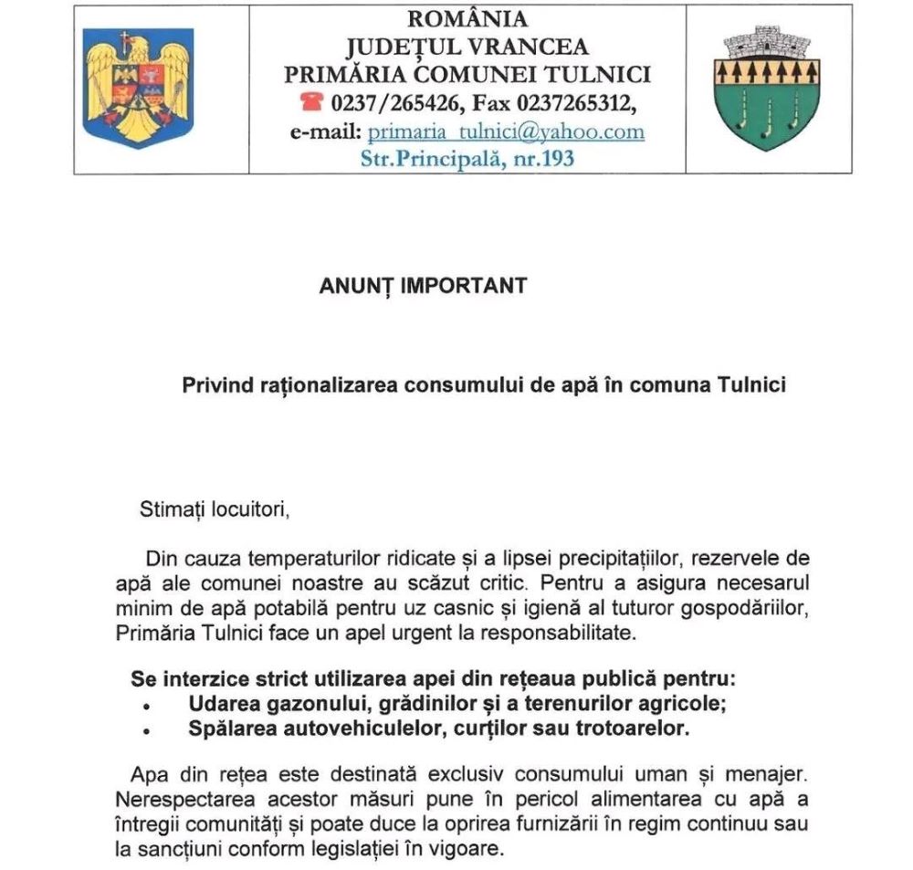 Apel pentru consum rațional de apă la Tulnici / Rezervele de apă ale localității au scăzut dramatic 4 anunt tulnici