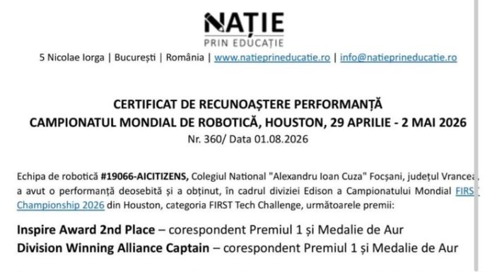 AICitizens a primit certificatul de recunoaștere a performanței de la CM de robotică