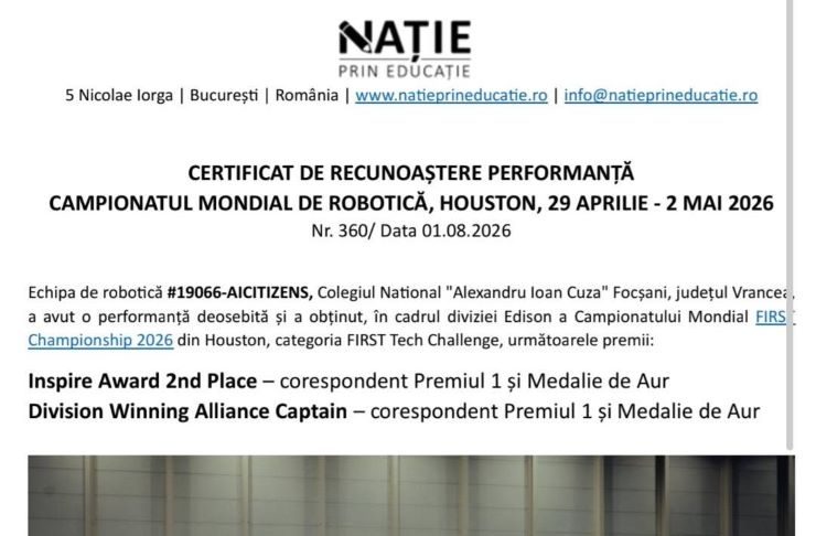 AICitizens a primit certificatul de recunoaștere a performanței de la CM de robotică