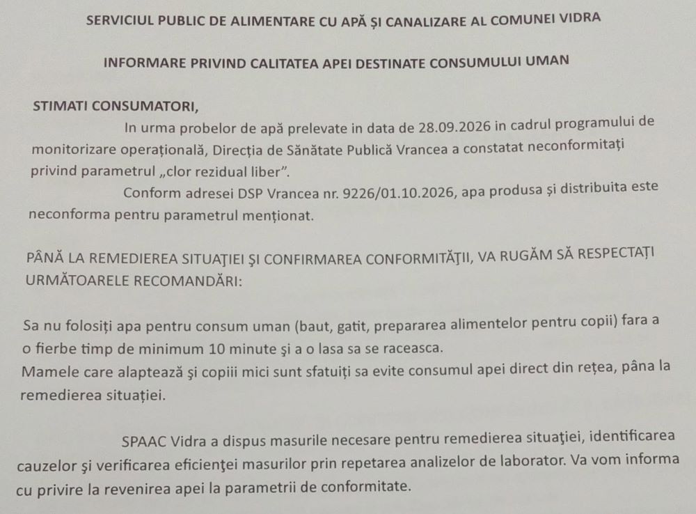 Probleme cu calitatea apei și la Vidra / Apa din sistemul centralizat al comunei trebuie fiartă 10 minute înainte de a o folosi 4 adresa vidra apa