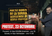 Protest, vineri, în fața sediului DSVSA Vrancea și a padocului privat de la Suraia carton protest animale