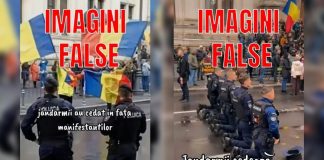 Jandarmeria Română, batjocorită din nou: imagini false distribuite online cu jandarmi în genunchi, în fața unei mulțimi