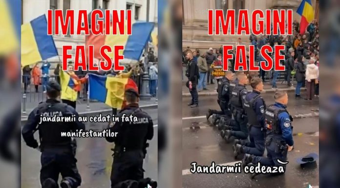 Jandarmeria Română, batjocorită din nou: imagini false distribuite online cu jandarmi în genunchi, în fața unei mulțimi