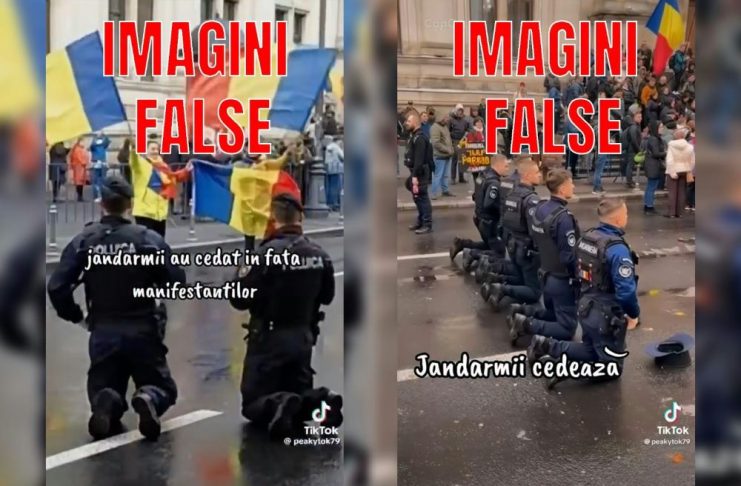 Jandarmeria Română, batjocorită din nou: imagini false distribuite online cu jandarmi în genunchi, în fața unei mulțimi